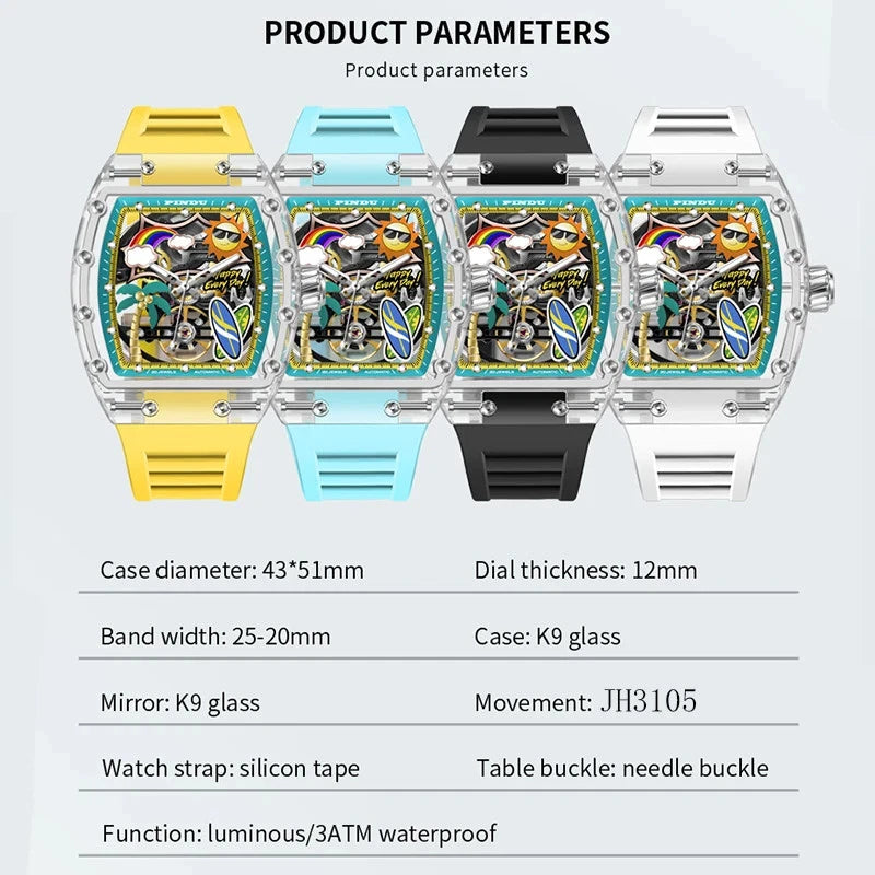 Specification chart for the PINDU 6633 Summer Beach tonneau mechanical watch showing product parameters: case diameter 43 x 51 mm, band width 25-20 mm, dial thickness 12 mm, case made of K9 glass, movement JH305, silicon tape strap with needle buckle, luminous and 3ATM waterproof.