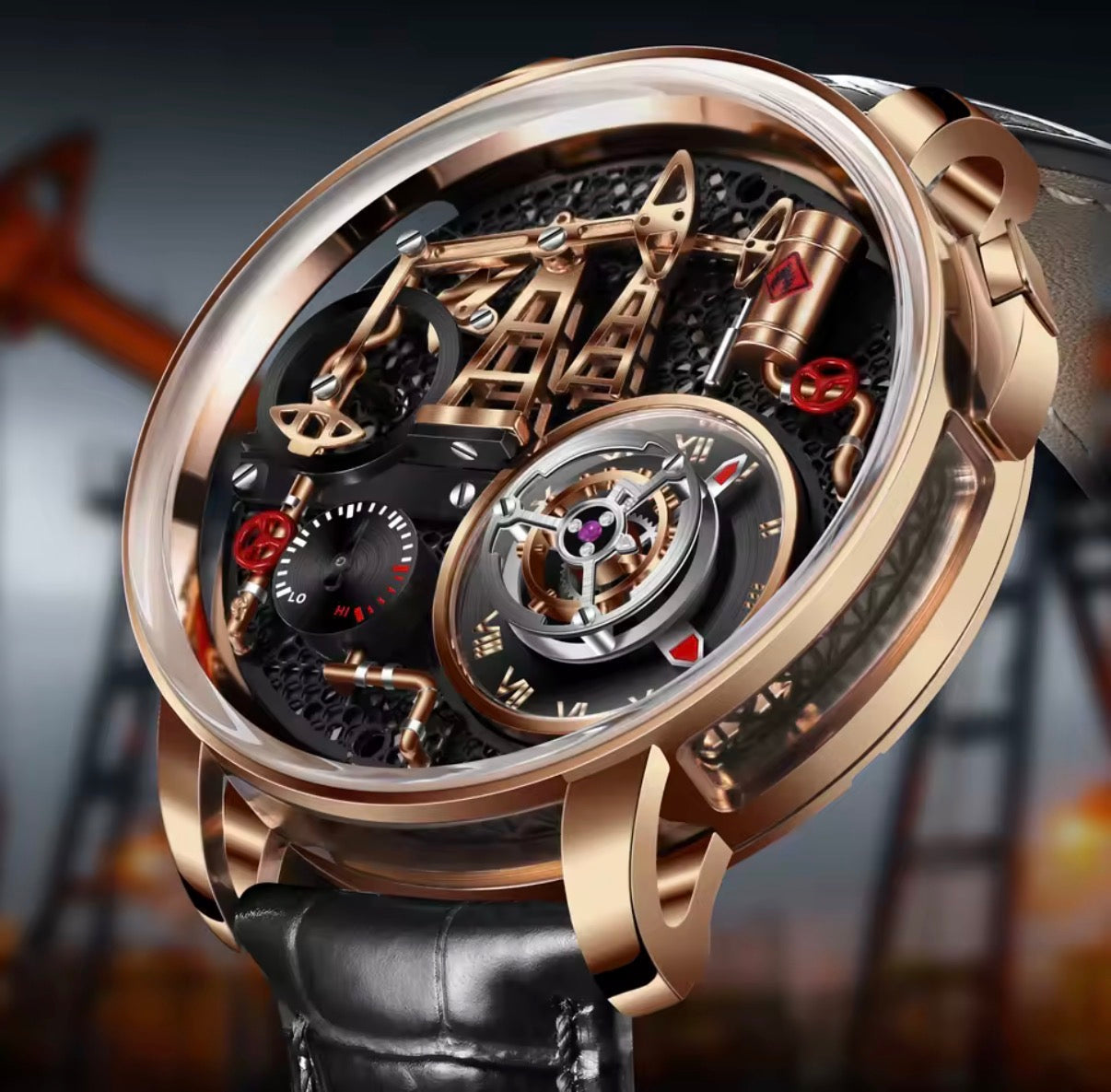 PINDU PD6673 Menâ€™s Oil Pump Dial Quartz Watch Skeleton, lifestyle shot