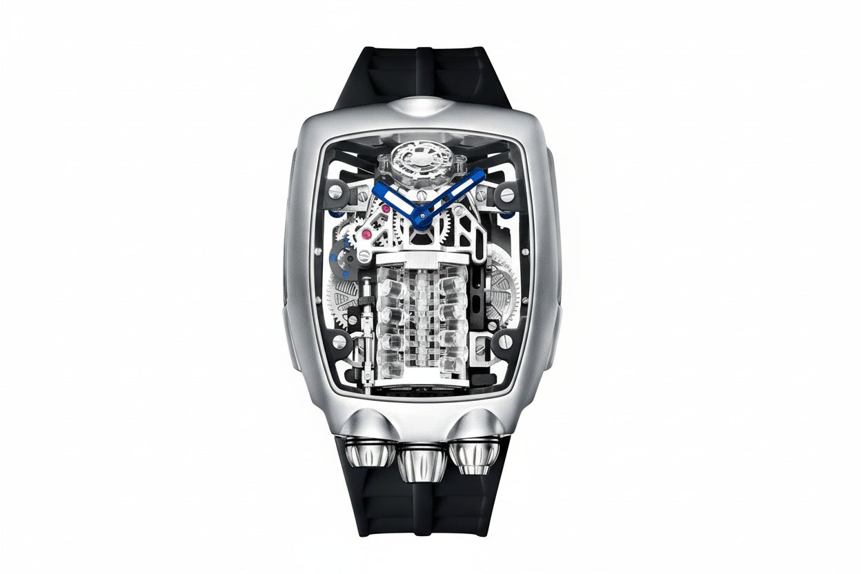 PINDU Design BUGATTI STYLE Engine 16 Cylinder Men's NH05 Automatic Watch with black dial, angled view