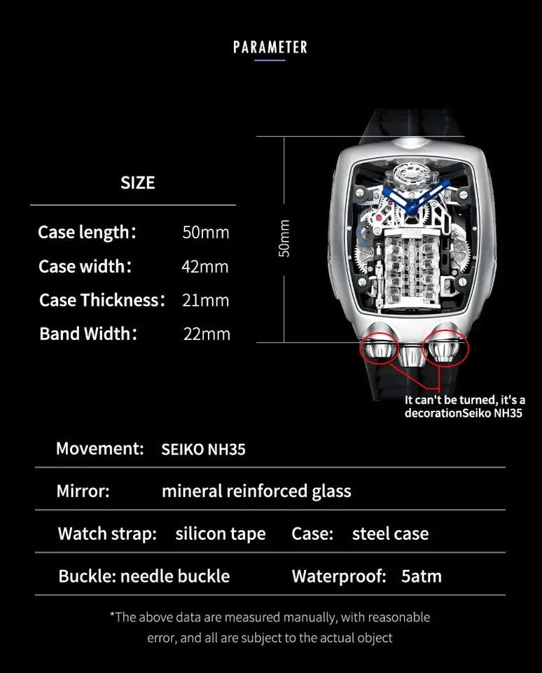 PINDU Design BUGATTI STYLE Engine 16 Cylinder Men's NH05 Automatic Watch, caseback view