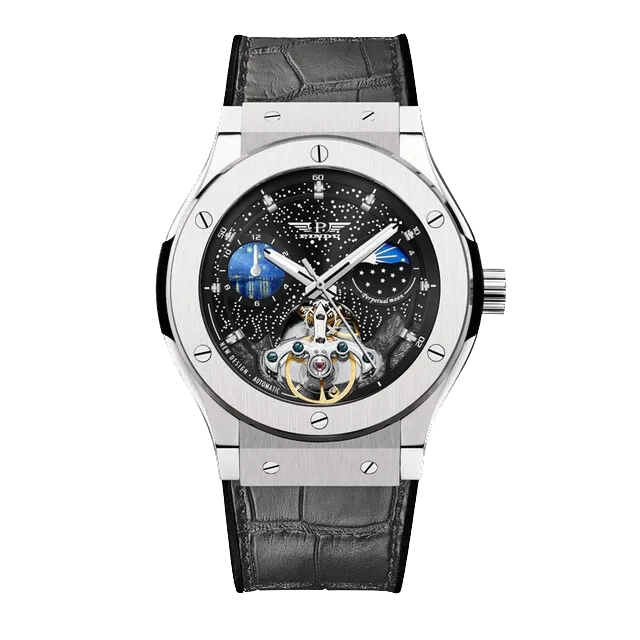 PINDU Design 6537 automatic mechanical watch with moonphase and tourbillon, black starry dial, stainless steel case and black leather strap, front view