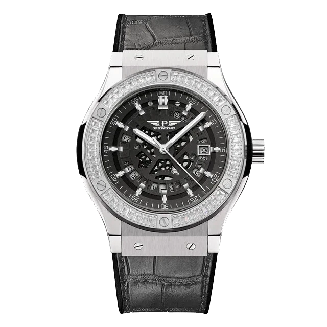 PINDU Design 6537 automatic mechanical watch with moonphase complication and skeleton dial, stainless steel case and black leather strap, front view