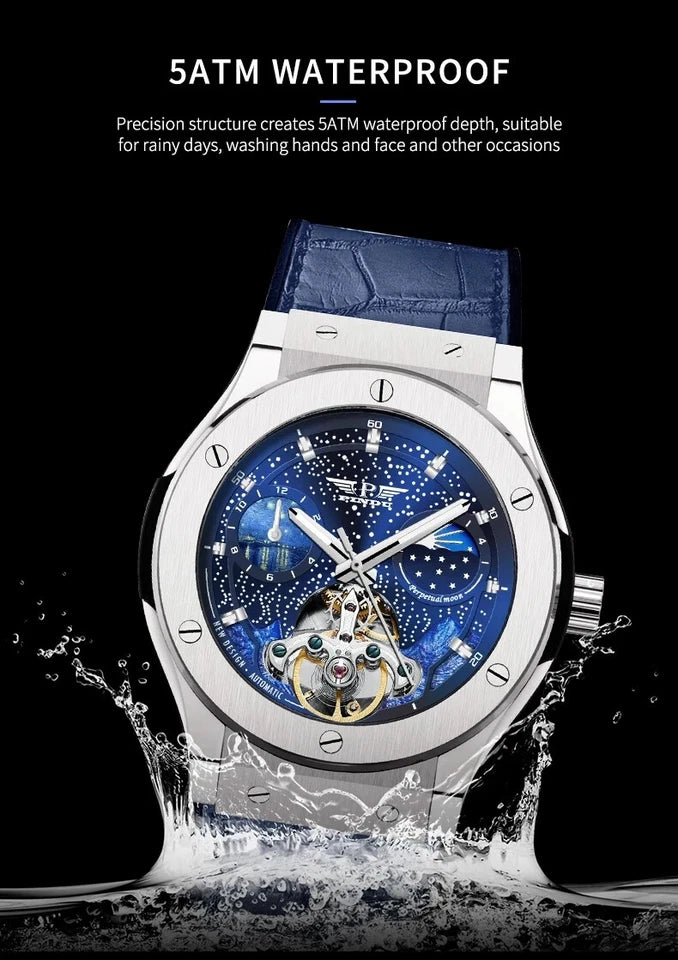 5ATM waterproof promotional image of PINDU Design 6537 automatic mechanical watch with moonphase and skeleton tourbillon, stainless steel case, blue starry dial and blue leather strap, shown with water splash and text '5ATM waterproof'