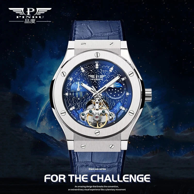 Promotional poster of PINDU Design 6537 automatic mechanical watch with moonphase and skeleton tourbillon, stainless steel case with blue starry dial and blue leather strap, text reading "For the challenge"