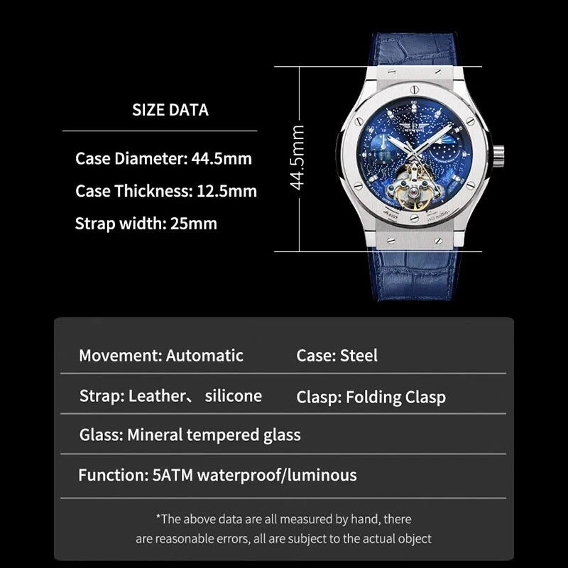 Specifications chart for PINDU Design 6537 automatic mechanical watch showing case diameter 44.5mm, case thickness 12.5mm, strap width 25mm, movement automatic, steel case, leather or silicone strap with folding clasp, mineral tempered glass, 5ATM waterproof luminous function; includes image of watch with blue leather strap and starry dial