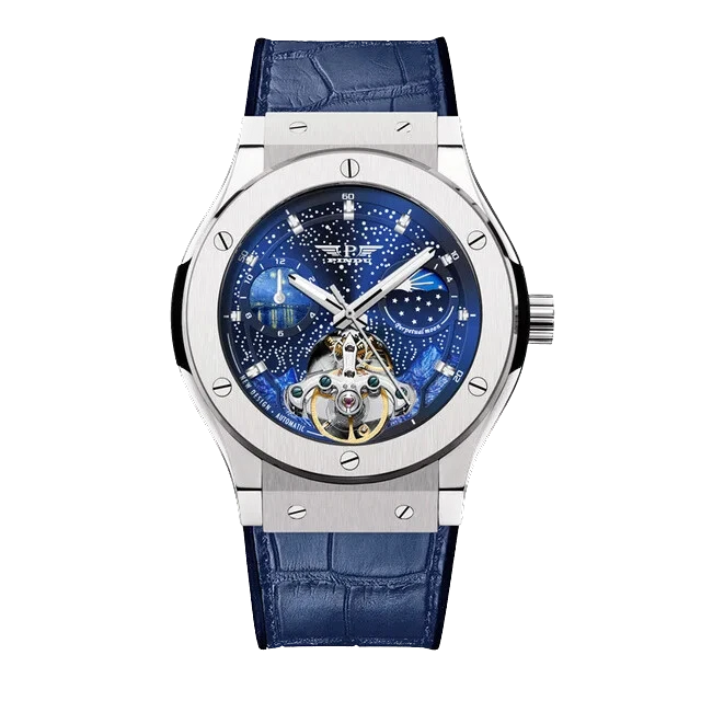 PINDU Design 6537 automatic mechanical watch with moonphase complication and skeleton tourbillon, stainless steel case, blue leather strap, front view