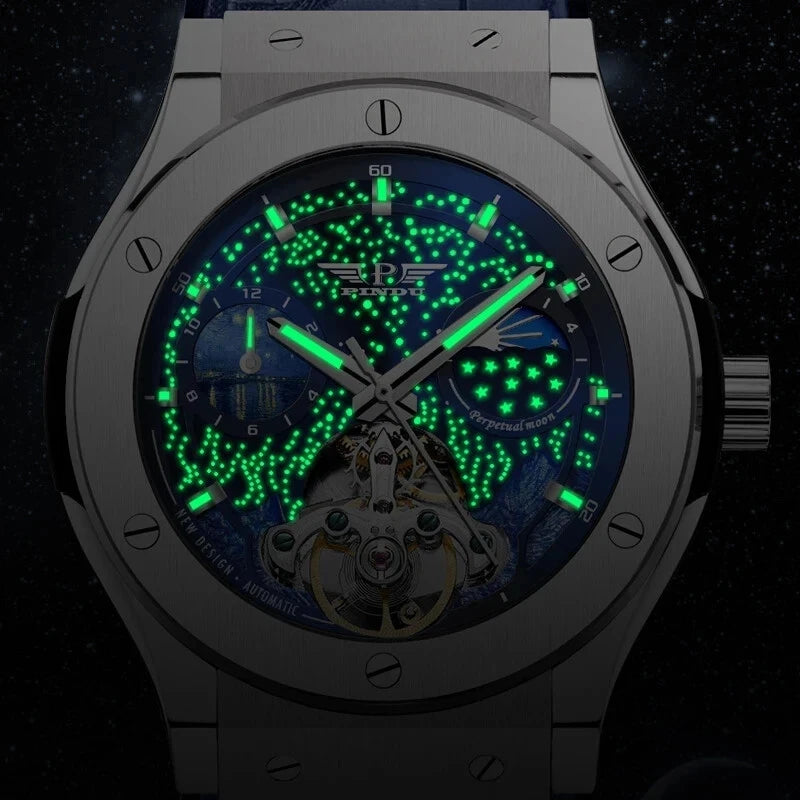 Close-up of PINDU Design 6537 automatic mechanical watch with moonphase and skeleton tourbillon, stainless steel case, luminous green markers and hands glowing in the dark