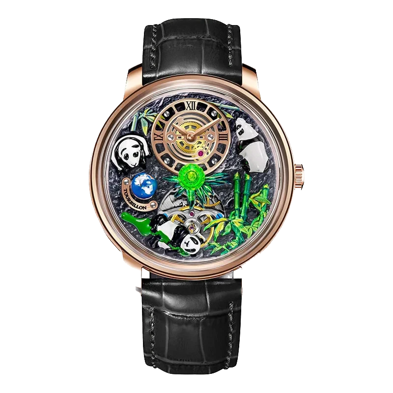 PINDU M27 skeleton dial mechanical watch with rotating crystal ball, rose gold case, black leather strap, front view