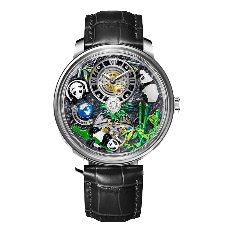 PINDU M27 skeleton dial mechanical watch with rotating crystal ball, stainless steel case, black leather strap, front view