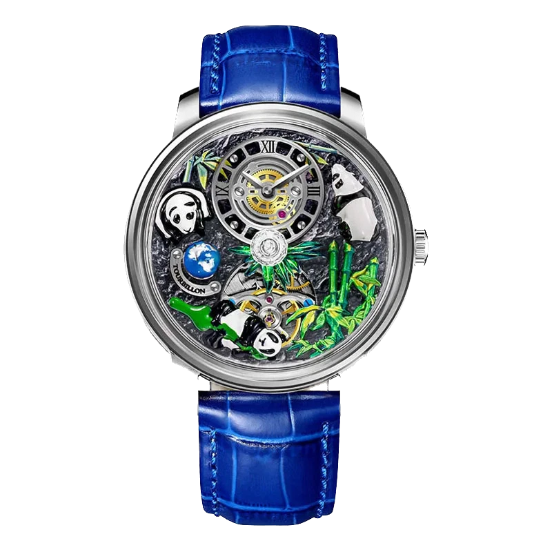 PINDU M27 skeleton dial mechanical watch with rotating crystal ball, silver stainless steel case, blue leather strap, front view