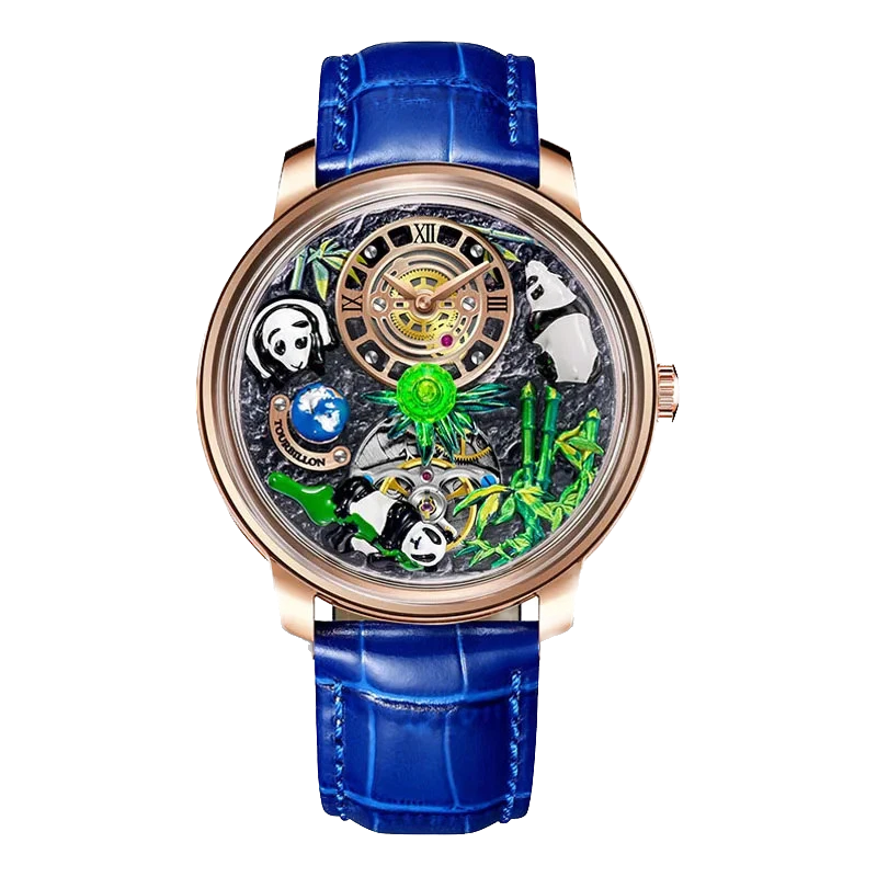 PINDU M27 skeleton dial mechanical watch with rotating crystal ball, rose gold case, blue leather strap, front view