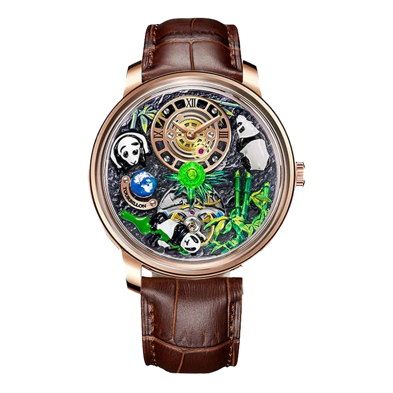 PINDU M27 skeleton dial mechanical watch with rotating crystal ball, rose gold case, brown leather strap, front view
