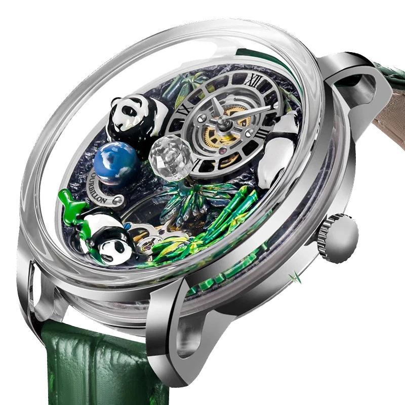 PINDU M27 skeleton dial mechanical watch side view with rotating crystal ball, stainless steel case, green leather strap