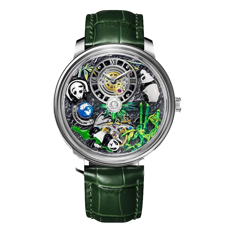 PINDU M27 skeleton dial mechanical watch with rotating crystal ball, stainless steel case, green leather strap, front view