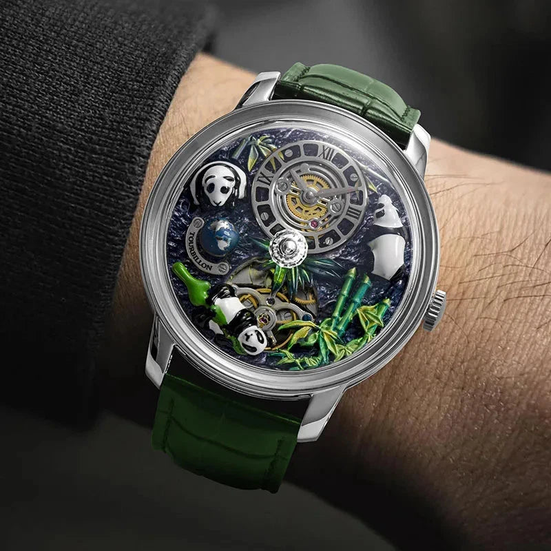 PINDU M27 skeleton dial mechanical watch with rotating crystal ball, stainless steel case, green leather strap, wrist shot