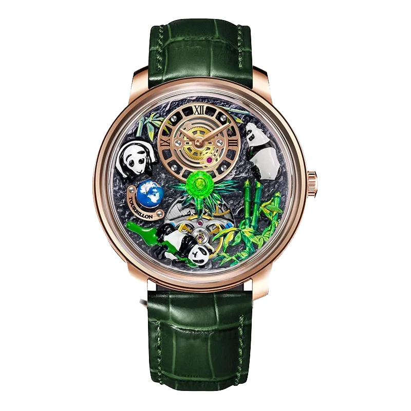 PINDU M27 skeleton dial mechanical watch with rotating crystal ball, rose gold case, green leather strap, front view