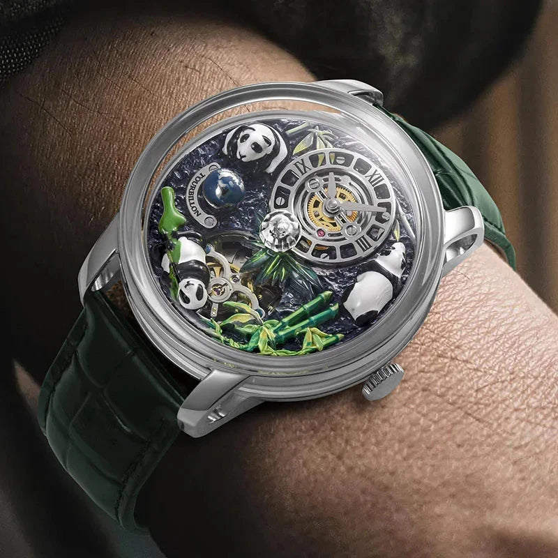 PINDU M27 skeleton dial mechanical watch with rotating crystal ball, stainless steel case, green leather strap, wrist shot on wrist