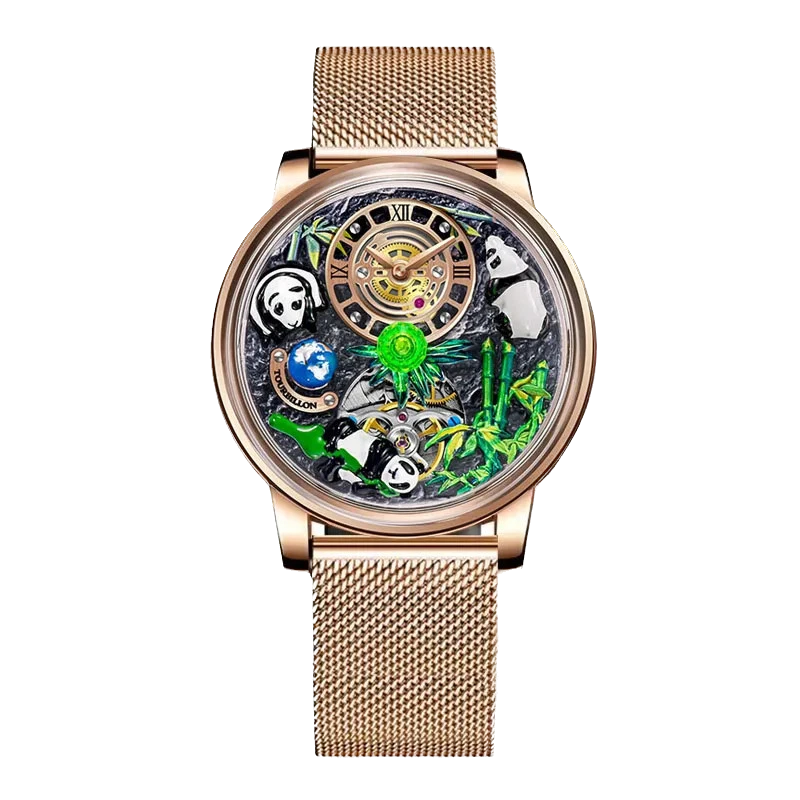 PINDU M27 skeleton dial mechanical watch with rotating crystal ball, rose gold case and mesh bracelet, front view