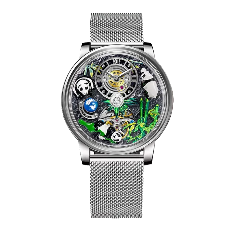 PINDU M27 skeleton dial mechanical watch with rotating crystal ball, stainless steel case, silver mesh bracelet, front view