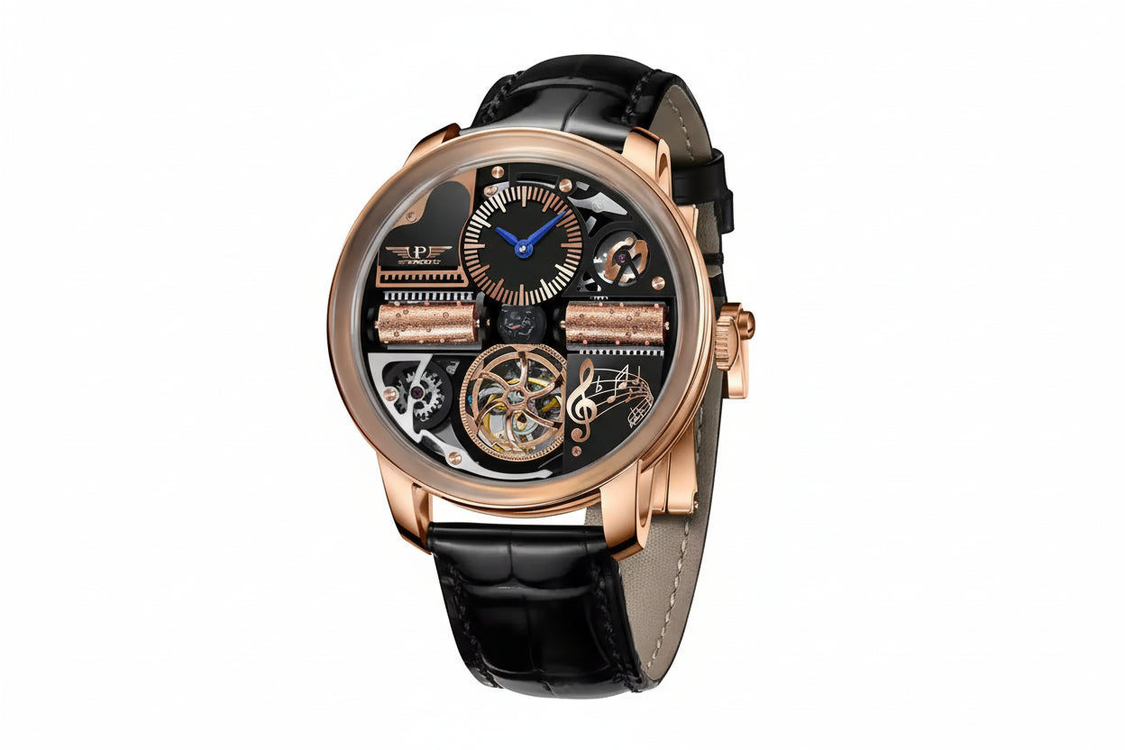 PINDU M2791B Godfather rose gold case, black skeleton dial, black leather strap, angled view