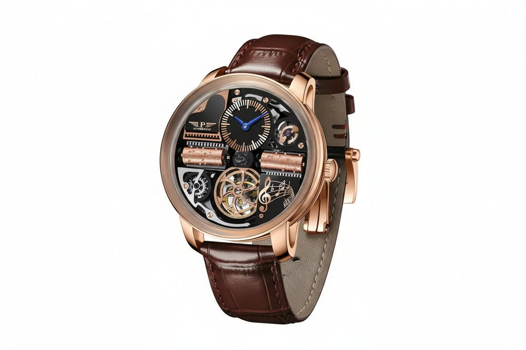 PINDU M2791B Godfather rose gold watch on a brown crocodile leather strap, skeleton dial