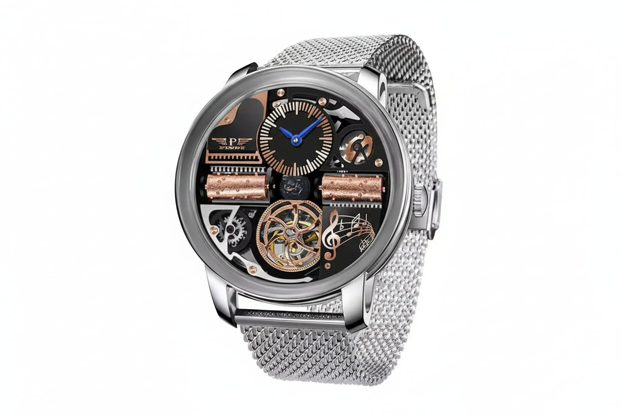 PINDU M2791B Godfather steel case on a silver mesh bracelet with rose gold dial accents