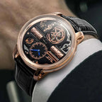 PINDU M2791B Godfather Classic rose gold men's watch with black skeleton dial worn on wrist