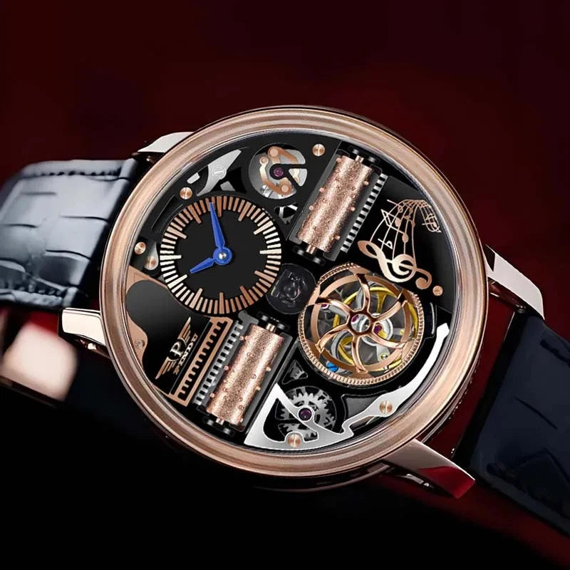 PINDU M2791B Godfather skeleton dial close-up with rose gold case and blue hands