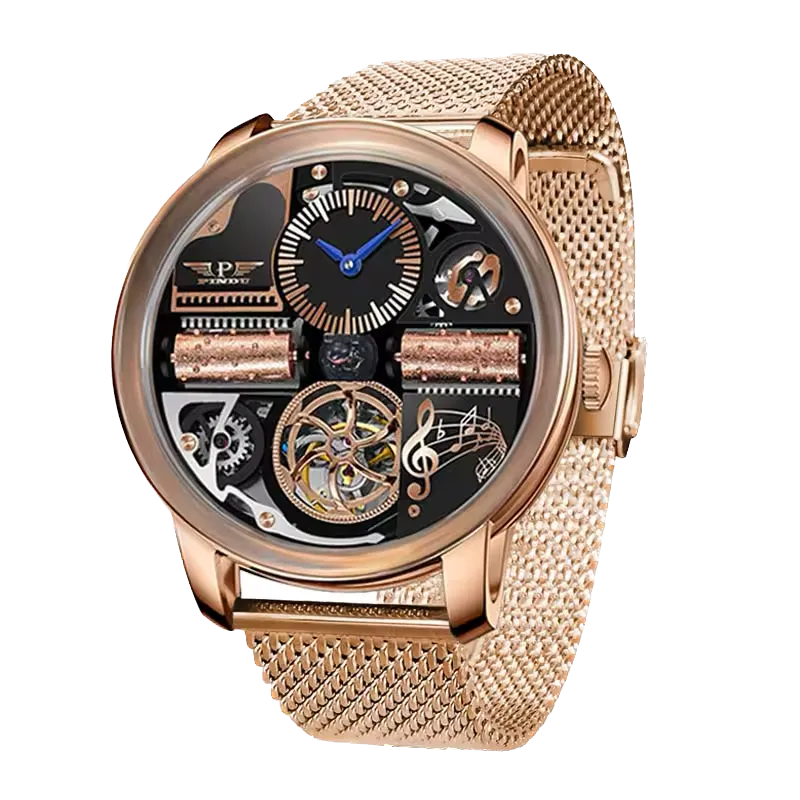 PINDU M2791B Godfather skeleton watch rose gold case with mesh bracelet, front view
