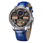PINDU M2791B Godfather skeleton watch with black dial and blue leather strap, front view