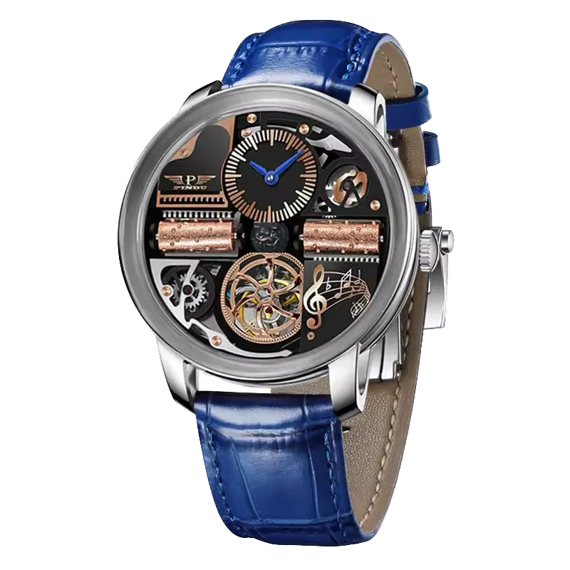 PINDU M2791B Godfather skeleton watch with black dial and blue leather strap, front view