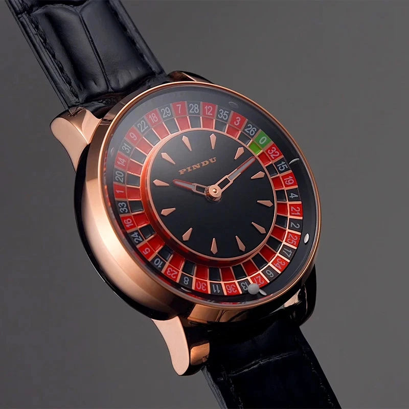 Angled front view of Pindu NH35A casino tourbillon rotating roulette mechanical watch featuring a rose gold case, black leather strap, black dial with red and green roulette numbers, and a polished rose gold case.