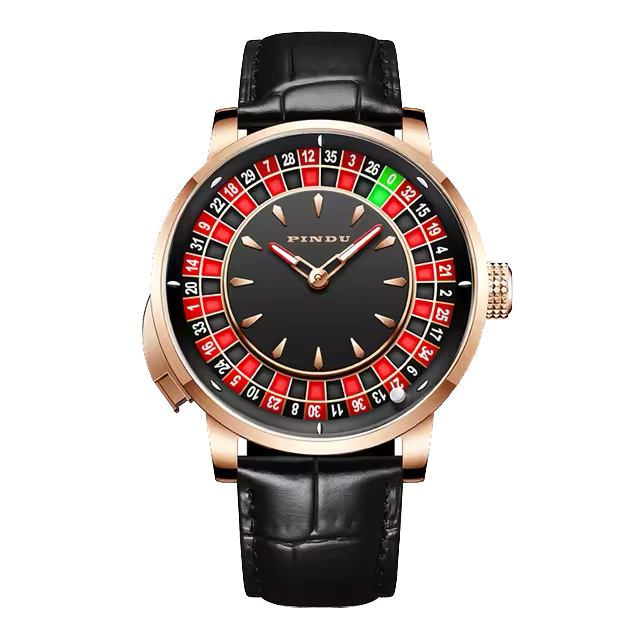 Pindu NH35A casino tourbillon rotating roulette mechanical watch with rose gold case, black leather strap, black dial with red and black roulette numbers, automatic movement, and sapphire crystal.