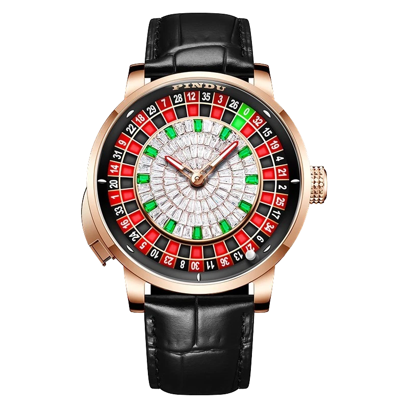 Pindu NH35A casino tourbillon rotating roulette mechanical watch with rose gold case, black leather strap, roulette dial with red and green numbers, automatic movement, and sapphire crystal.