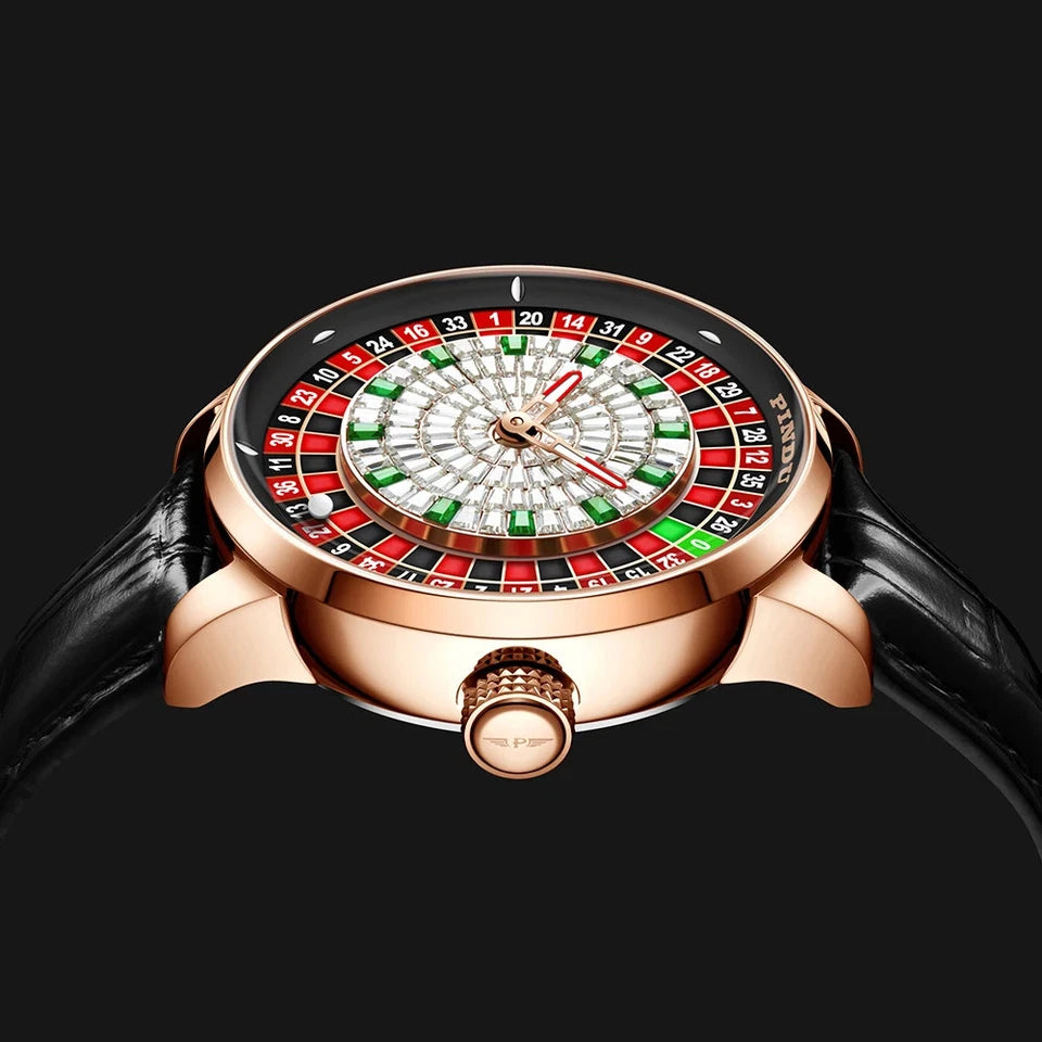 Side view of Pindu NH35A casino tourbillon rotating roulette mechanical watch featuring a rose gold case, black leather strap, detailed roulette dial with red and green numbers, white baguette indices, and automatic tourbillon movement.