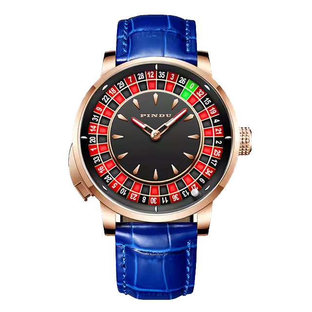 Pindu NH35A casino tourbillon rotating roulette mechanical watch with rose gold case, blue leather strap, black dial with red and black roulette numbers, automatic movement, and sapphire crystal.