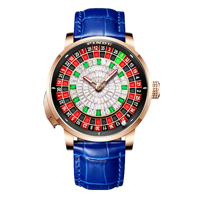 Pindu NH35A casino tourbillon rotating roulette mechanical watch with rose gold case, blue leather strap, roulette dial with red and green numbers, automatic movement, and sapphire crystal.