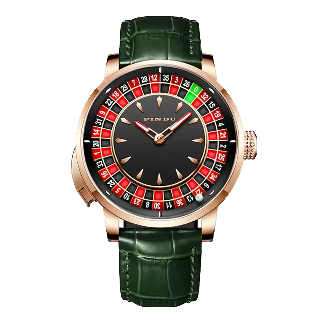 Pindu NH35A casino tourbillon rotating roulette mechanical watch with rose gold case, green leather strap, black dial with red and black roulette numbers, automatic movement, and sapphire crystal.