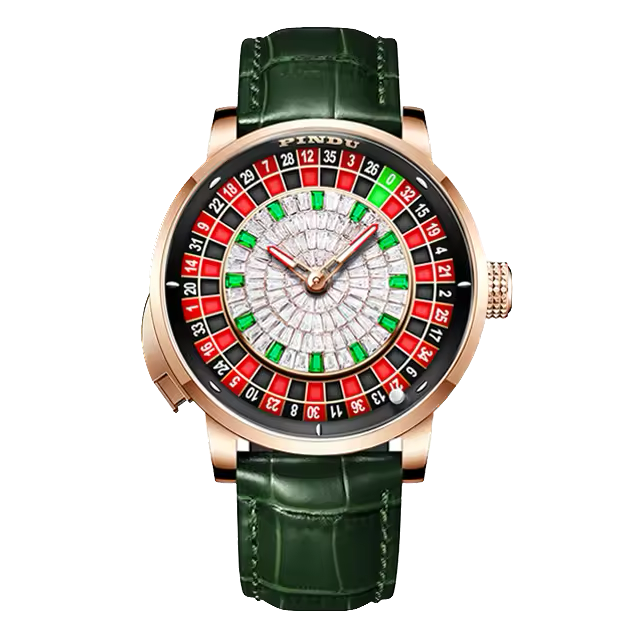 Pindu NH35A casino tourbillon rotating roulette mechanical watch with rose gold case, green leather strap, roulette dial with red and green numbers, automatic movement, and sapphire crystal.