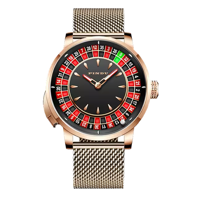 Pindu NH35A casino tourbillon rotating roulette mechanical watch with rose gold case, gold mesh bracelet, black dial, and red-and-black roulette dial numbers. Automatic movement and sapphire crystal.