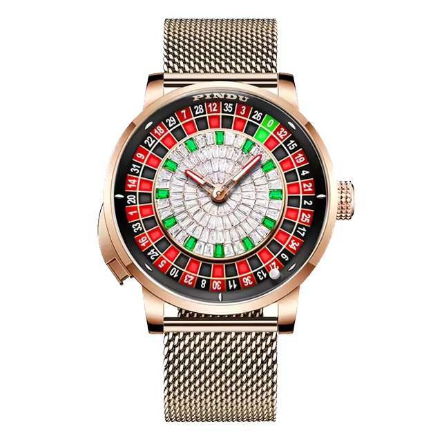 Pindu NH35A casino tourbillon rotating roulette mechanical watch with rose gold case, gold mesh bracelet, roulette dial with white center and red and green numbers, automatic movement, and sapphire crystal.