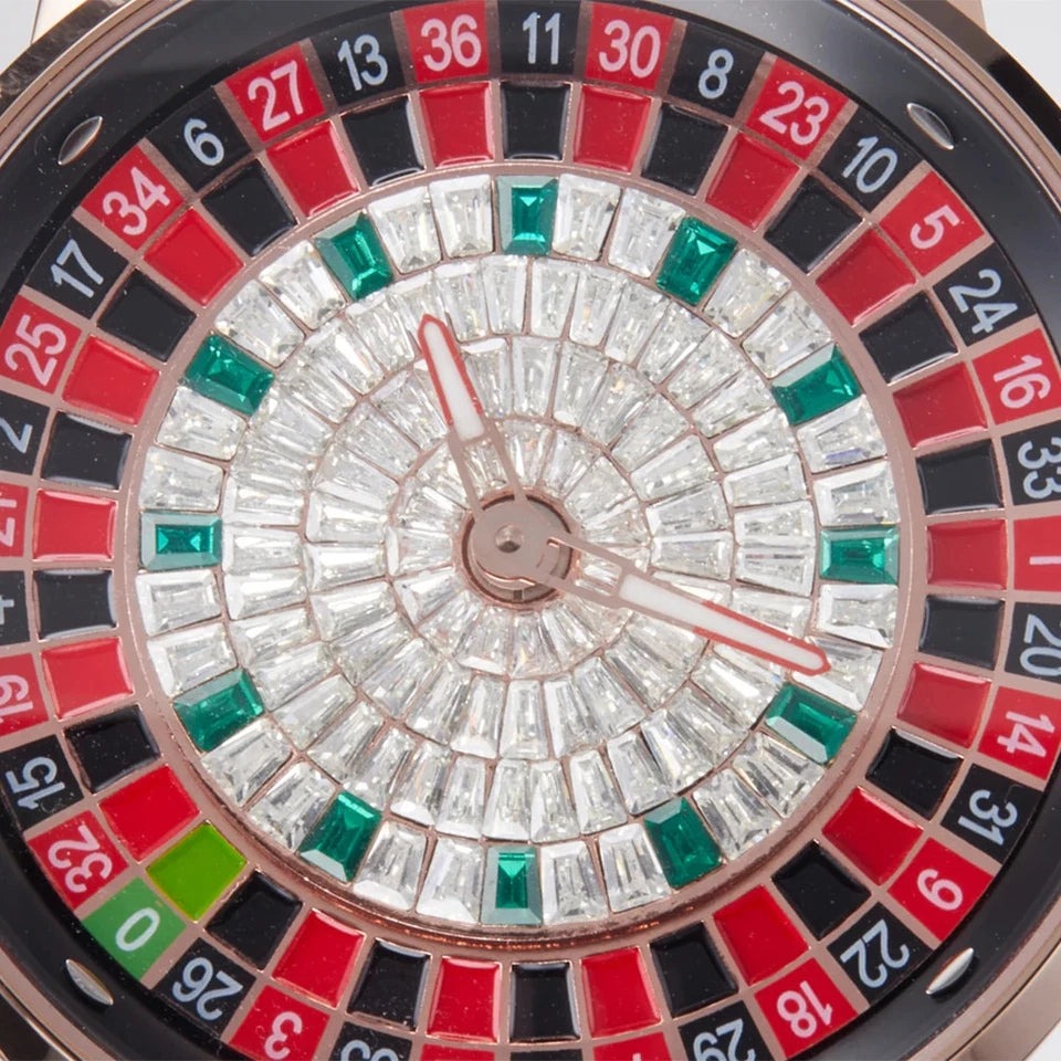 Close-up view of Pindu NH35A casino tourbillon rotating roulette mechanical watch dial showing detailed roulette dial with red and green numbers, white baguette indices, and rose gold case.