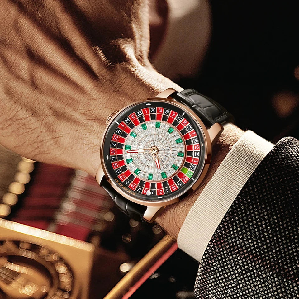 Wrist shot of Pindu NH35A casino tourbillon watch with rose gold case, black leather strap, roulette dial with red and green numbers, and automatic tourbillon movement, worn with a suit.