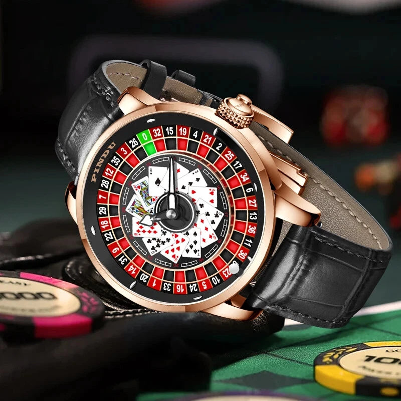 Pindu NH35A rotary roulette mechanical watch with rose gold case and black leather strap, featuring a roulette dial with playing card motifs, resting on a casino table with poker chips and green felt.