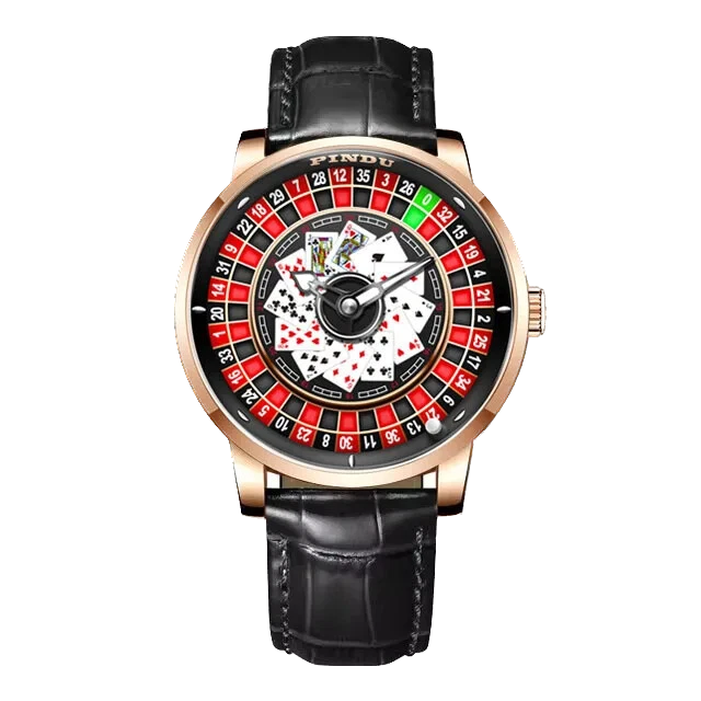 Pindu NH35A rotary roulette mechanical watch with rose gold case and black leather strap, roulette dial with playing card motifs and automatic movement.