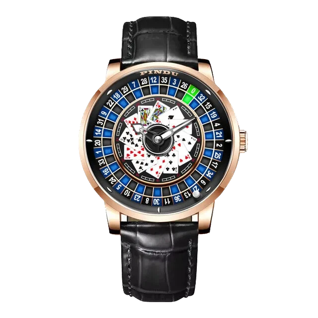 Pindu NH35A rotary roulette mechanical watch with rose gold case, black leather strap, red roulette dial with playing card motif, automatic self-winding movement and sapphire crystal.