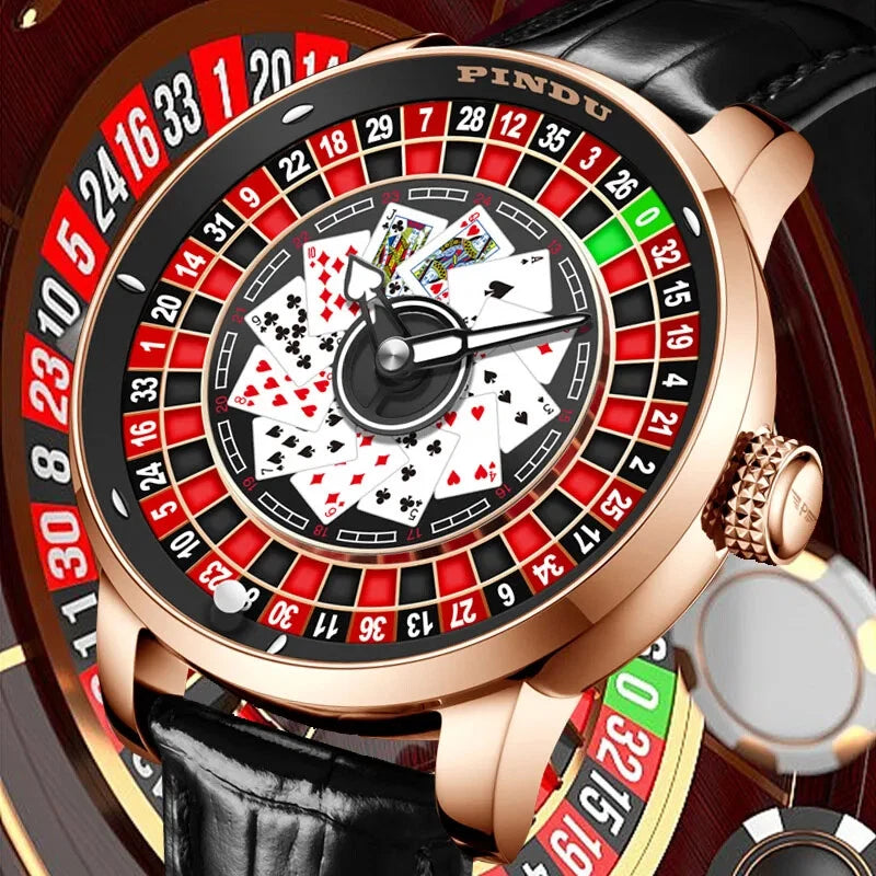 Close-up of Pindu NH35A rotary roulette mechanical watch with rose gold case, black leather strap, and detailed roulette dial with playing cards motif, set against a roulette wheel background.