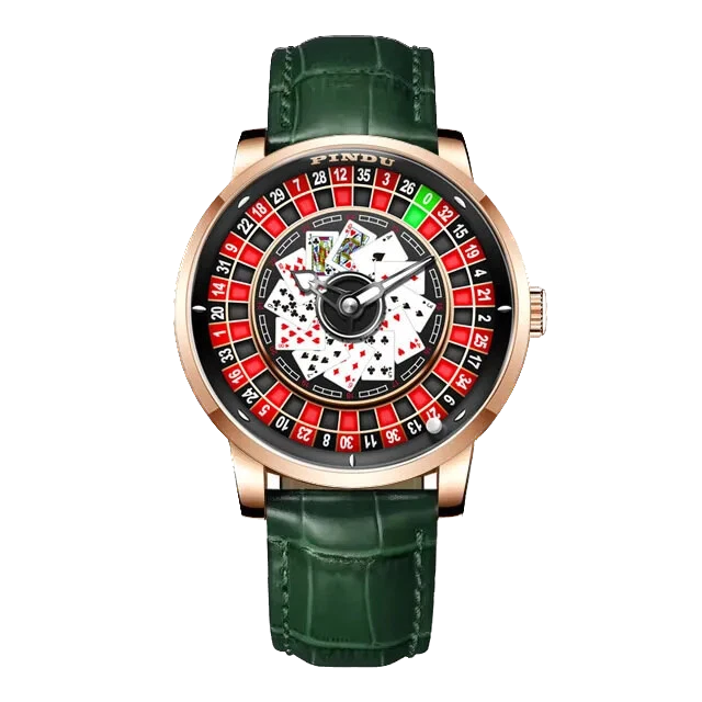 Pindu NH35A rotary roulette mechanical watch with rose gold case, green leather strap, red and black roulette dial with playing card motif, automatic self-winding movement and sapphire crystal.