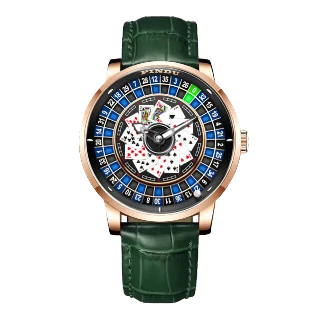 Pindu NH35A rotary roulette mechanical watch with rose gold case, green leather strap, blue and white roulette dial with playing card motif, automatic self-winding movement and sapphire crystal.