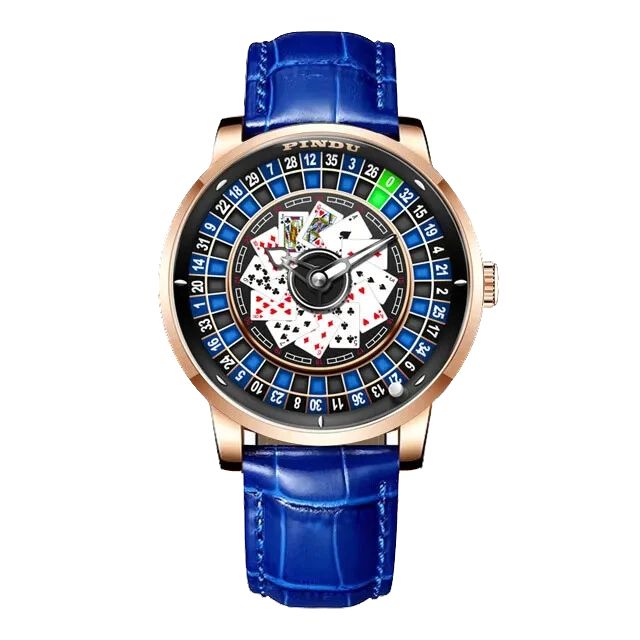Pindu NH35A rotary roulette mechanical watch with rose gold case, blue leather strap, roulette dial with playing cards motif, automatic self-wind movement and sapphire crystal.